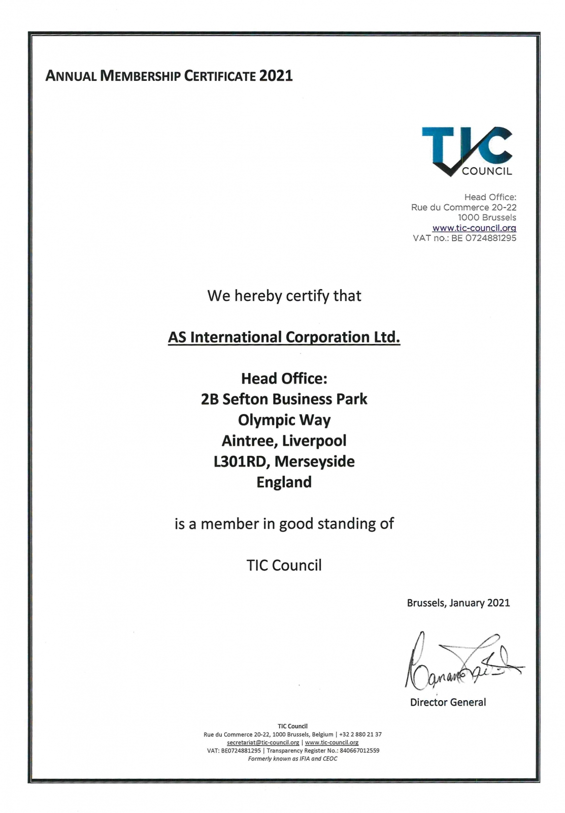 Сертификат членства TIC Council